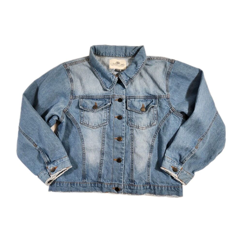 1 Sunset Lane Womens L Cropped Jean Jacket Fringe Trim 100% Cotton 3/4 Sleeve